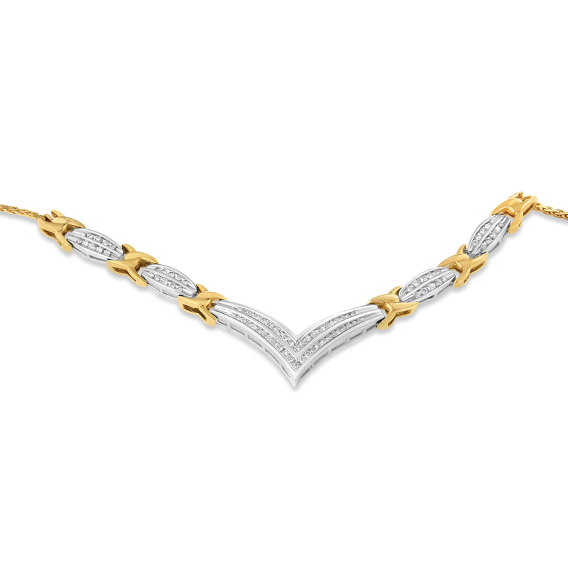 Bids.com 10K Yellow and White Gold 1.0 Cttw Round and Princess cut Diamond "V" Shape Statement Necklace (I-J Color, I1-I2 Clarity) Necklaces White Smoke YellowWhite.Gold / 18