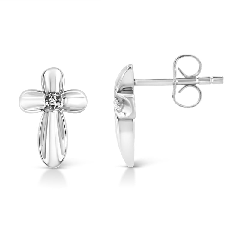 Bids.com .925 Sterling Silver Prong Set Diamond Accent Floral Cross Stud Earring (I-J Color, I1-I2 Clarity) Earrings White Smoke White.Sterling Silver / 0.01