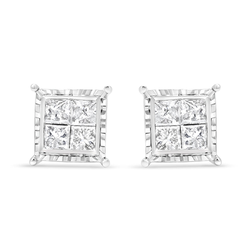 Bids.com 14K White Gold 1 1/2 Cttw Invisible Set Princess-Cut Diamond Contemporary Wavy Quad Stud Earrings (I-J Color, I1-I2 Clarity) Earrings White Smoke White.Gold / 1.5