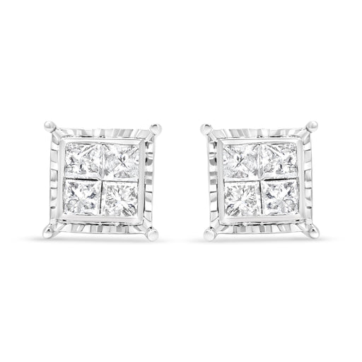 Bids.com 14K White Gold 1 1/2 Cttw Invisible Set Princess-Cut Diamond Contemporary Wavy Quad Stud Earrings (I-J Color, I1-I2 Clarity) Earrings White Smoke White.Gold / 1.5