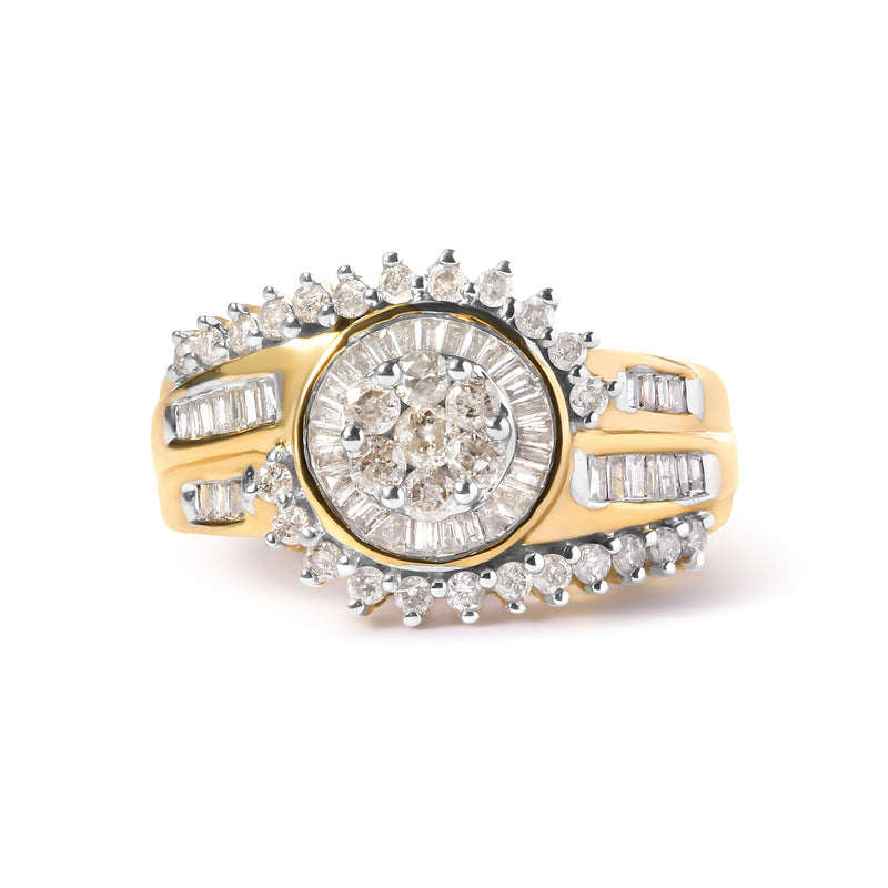 Bids.com 10K Yellow Gold 1 Cttw Round and Baguette cut Diamond Cluster Swirl Band Ring (H-I Color, I1-I2 Clarity) - Ring Size 7 Rings White Smoke 7 / Yellow.Gold