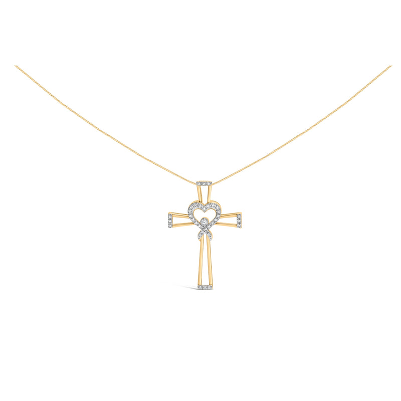 Bids.com 14K Yellow Gold Plated .925 Sterling Silver 1/6 Cttw Diamond Interlocking Heart and Ribbon Cross Pendant Necklace (H-I Color, I2-I3 Clarity) - 18" Inches Necklaces White Smoke Yellow.Sterling Silver / 18