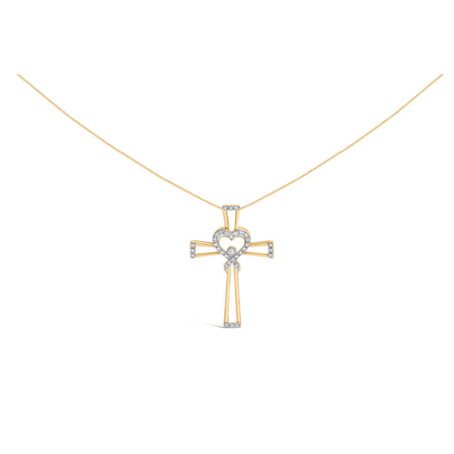 Bids.com 14K Yellow Gold Plated .925 Sterling Silver 1/6 Cttw Diamond Interlocking Heart and Ribbon Cross Pendant Necklace (H-I Color, I2-I3 Clarity) - 18" Inches Necklaces White Smoke Yellow.Sterling Silver / 18