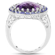 Bids.com 5.95 Carat Genuine Amethyst and Tanzanite .925 Sterling Silver Ring Rings White Smoke size 6.00,size 7.00,size 8.00,size 9.00