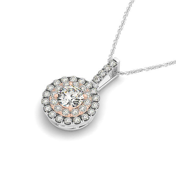 Bids.com Round Shape Halo Diamond Pendant in 14k White and Rose Gold (1/2 cttw) Necklaces White Smoke 18 / White & Rose Gold