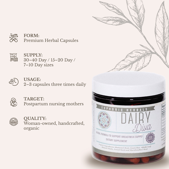Euphoric Herbals Dairy Diva - Breastfeeding Supplement Breastfeeding Capsules Misty Rose 7-10 Day Supply,15-20 Day Supply,30-40 Day Supply
