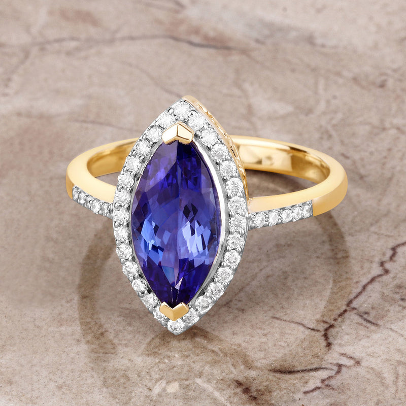 Bids.com 2.33 Carat Genuine Tanzanite and White Diamond 14K Yellow Gold Ring Rings Dark Gray size 6.00,size 7.00,size 8.00