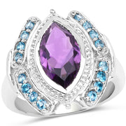 Bids.com 3.06 Carat Genuine Amethyst and London Blue Topaz .925 Sterling Silver Ring Rings White Smoke size 7.00,size 6.00,size 8.00,size 9.00