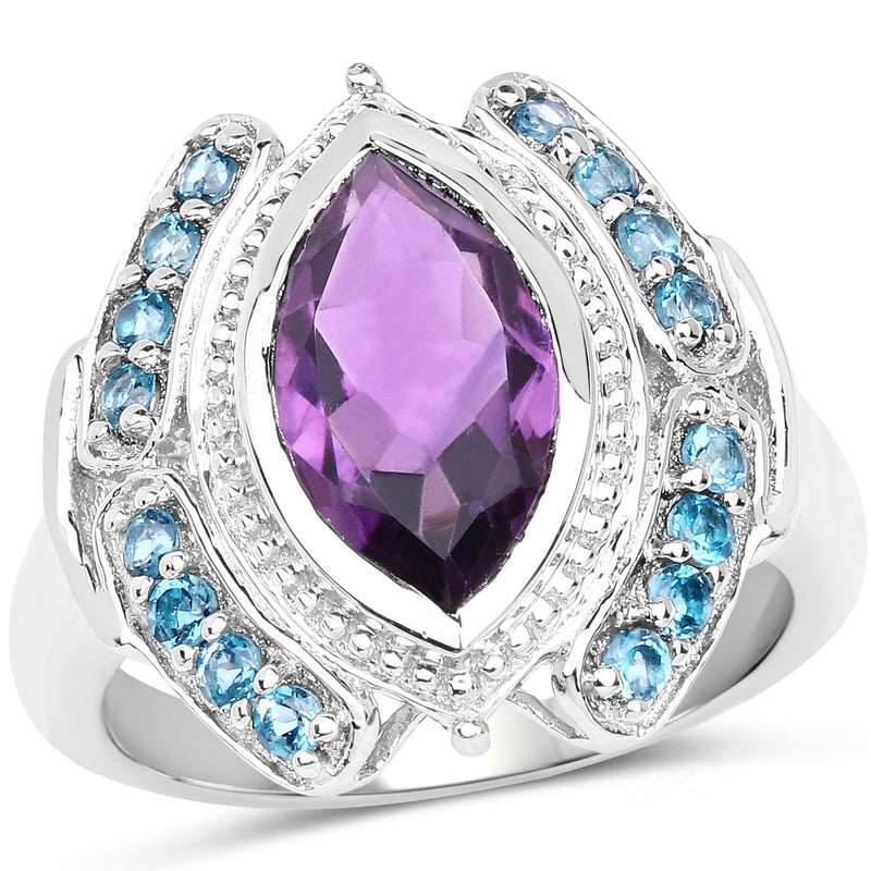Bids.com 3.06 Carat Genuine Amethyst and London Blue Topaz .925 Sterling Silver Ring Rings White Smoke size 7.00,size 6.00,size 8.00,size 9.00
