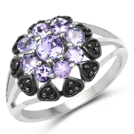 Bids.com 1.18 Carat Genuine Tanzanite and Black Spinel .925 Sterling Silver Ring Rings White Smoke size 7.00,size 6.00,size 8.00,size 9.00
