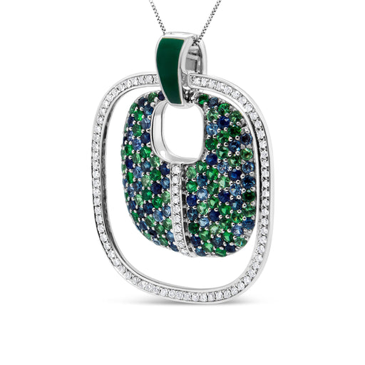 Bids.com .925 Sterling Silver Green Enamel Pendant with 1/2 Cttw Diamond, Sapphire, and Tsavorite Openwork Statement 18" Pendant Necklace (F-G Color, VS1-VS2 Clarity) Necklaces White Smoke White.Sterling Silver / 18