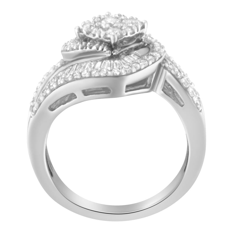 Bids.com 14K White Gold 1 Cttw Baguette and Round Diamond Floral Swirl Cluster Cocktail Ring Rings White Smoke 7 / White.Gold,7.25 / White.Gold,6.75 / White.Gold