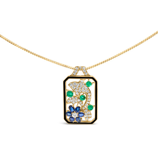 Bids.com 18K Yellow Gold 2 1/3 Cttw Diamond, Sapphire, and Emerald Dog Tag with Dolphin Silhouette Convertible 18" Pendant Necklace and Brooch (G-H Color, SI1-SI2 Clarity) Accessories White Smoke Yellow.Gold / 2.3