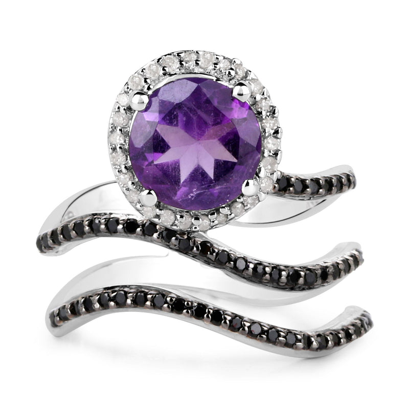 Bids.com 2.31 Carat Genuine Amethyst, Black Spinel and White Diamond .925 Sterling Silver Ring Rings White Smoke size 7.00,size 5.00,size 6.00,size 8.00,size 9.00
