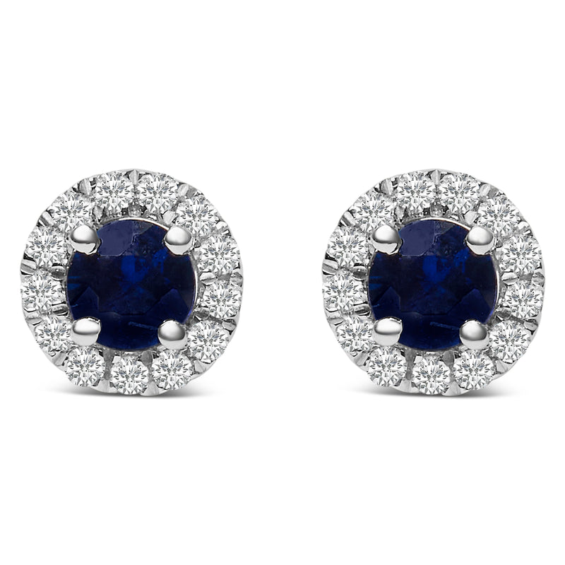 Bids.com 10K White Gold 3.25mm x 3.25mm Round Blue Sapphire and 1/10 Cttw Diamond Halo Stud Earrings (I-J Color, I1-I2 Clarity) Earrings White Smoke White.Gold / 0.117