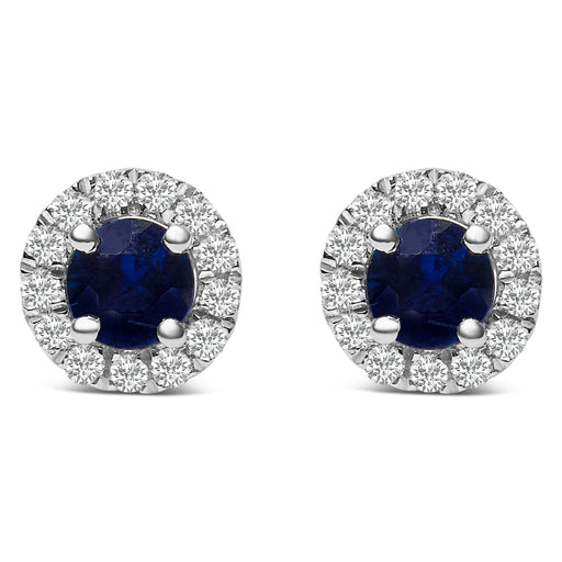 Bids.com 10K White Gold 3.25mm x 3.25mm Round Blue Sapphire and 1/10 Cttw Diamond Halo Stud Earrings (I-J Color, I1-I2 Clarity) Earrings White Smoke White.Gold / 0.117
