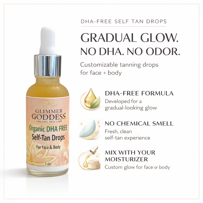 Glimmer Goddess® Organic Skin Care Organic DHA‑Free Tanning Drops – Gradual, No‑Odor Glow Self Tanner White Smoke Lightly Scented,Unscented