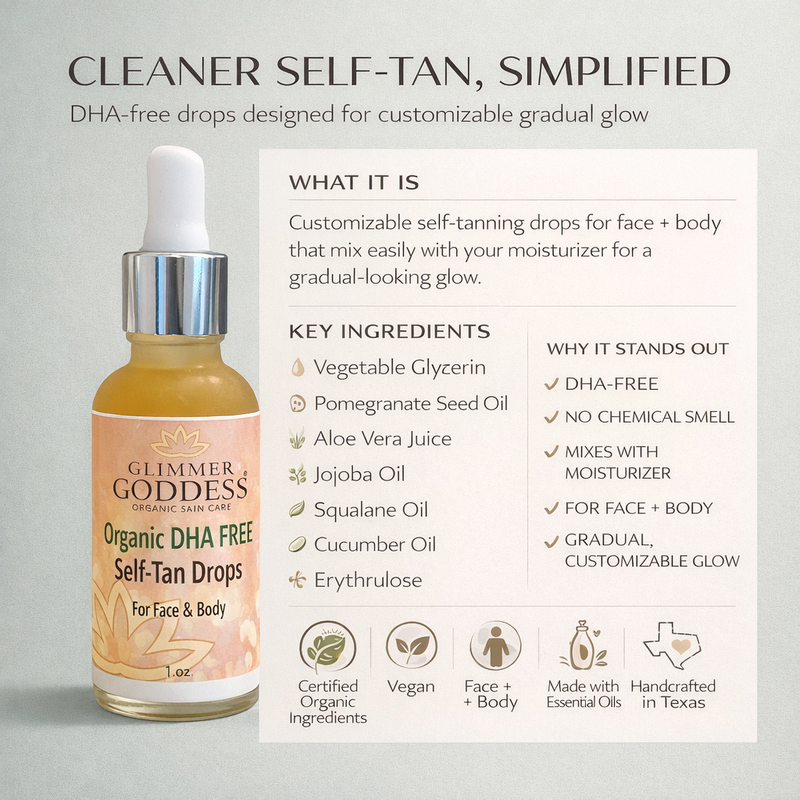 Glimmer Goddess® Organic Skin Care Organic DHA‑Free Tanning Drops – Gradual, No‑Odor Glow Self Tanner Light Gray Lightly Scented,Unscented