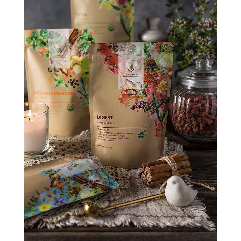 Gardenika Shop Organic Tea Sampler, 5 Caffeine-Free Wellness Herbal Blends Loose Leaf Tea Sampler Black
