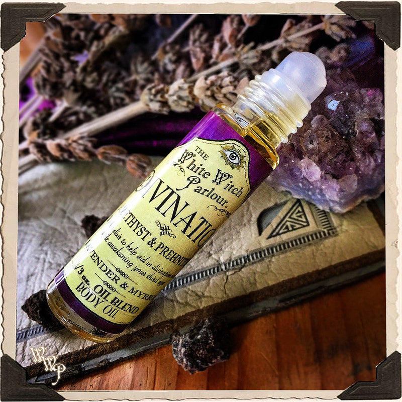 WhiteWitchParlour.com DIVINATION Elixir BODY OIL Rollon. Scent of Lavender, Myrrh. Blessed by Amethyst, Prehnite Crystals. aromatherapy, perfume, oils Dark Slate Gray