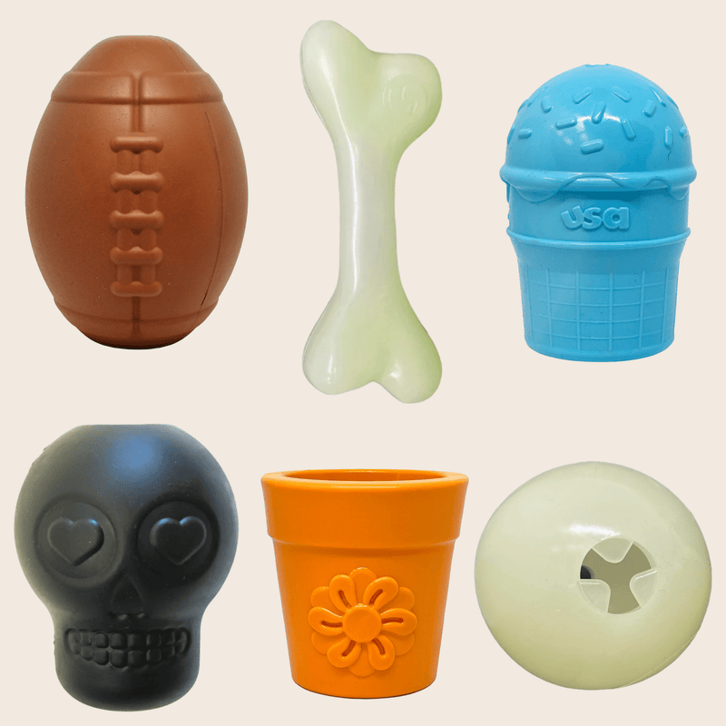 Farm To Pet Dog Treat Dispensers Treat Dispenser Misty Rose Brown Football,Black Skull,Blue Ice Cream,Glow-In-The-Dark Ball,Glow-In-The-Dark Bone,Orange Flower Pot