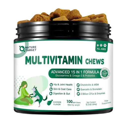 Nature Target Dog & Cat Multivitamin, 2 Billion CFUs, Chicken Flavor, 120 Soft Chews Pet Vitamins Supplements White Smoke