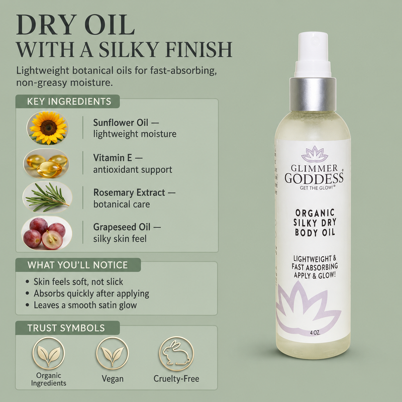 Glimmer Goddess® Organic Skin Care Organic Silky Dry Body Oil – Fast-Absorbing Formula Lotions & Creams Dark Gray