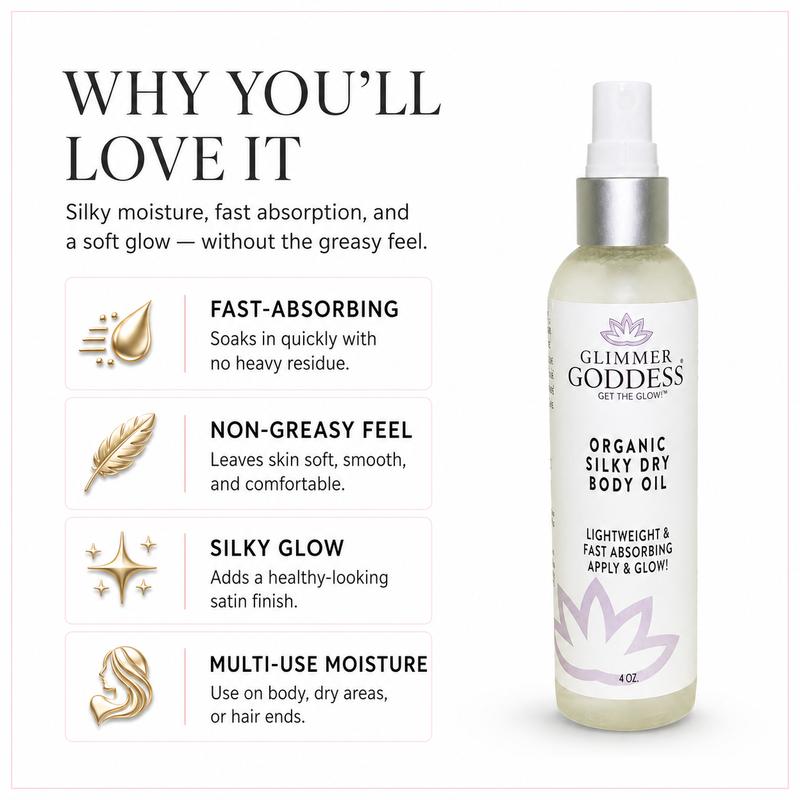 Glimmer Goddess® Organic Skin Care Organic Silky Dry Body Oil – Fast-Absorbing Formula Lotions & Creams White Smoke