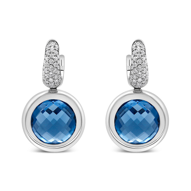 Bids.com 18K White Gold Bezel Set 11mm Blue Topaz and 1/2 Cttw Invisible Set Diamond Bale Dangle Earrings (F-G Color, VS1-VS2 Clarity) Earrings White Smoke White.Gold / 0.52