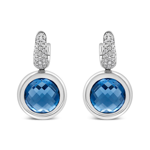 Bids.com 18K White Gold Bezel Set 11mm Blue Topaz and 1/2 Cttw Invisible Set Diamond Bale Dangle Earrings (F-G Color, VS1-VS2 Clarity) Earrings White Smoke White.Gold / 0.52