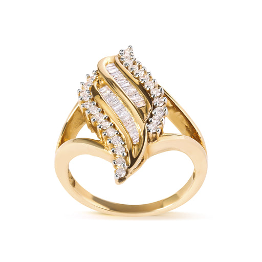 Bids.com 10K Yellow Gold 1/2 Cttw Round and Baguette Cut Diamond Cocktail Ring (H-I Color, I1-I2 Clarity) Rings White Smoke 7 / Yellow.Gold