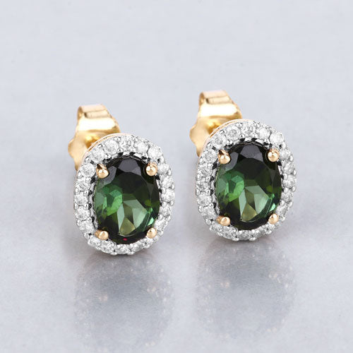Bids.com 1.92 Carat Genuine Green Tourmaline and White Diamond 14K Yellow Gold Earrings Earrings Light Gray