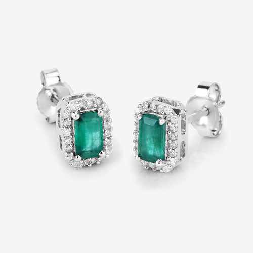 Bids.com 0.91 Carat Genuine Zambian Emerald and White Diamond 14K White Gold Earrings Earrings White Smoke
