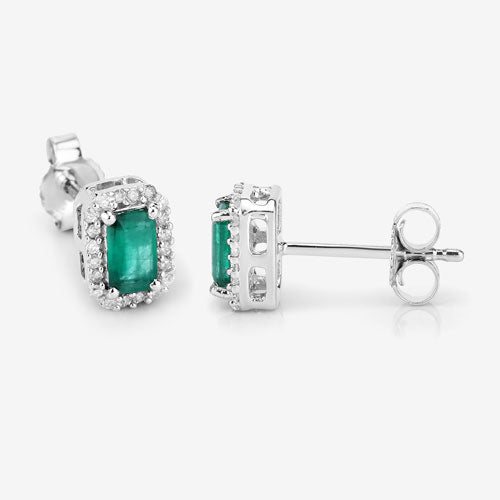 Bids.com 0.91 Carat Genuine Zambian Emerald and White Diamond 14K White Gold Earrings Earrings White Smoke