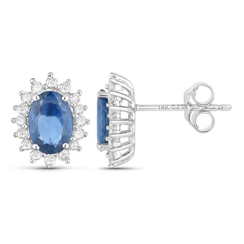 Bids.com 2.22 Carat Genuine Blue Sapphire and White Diamond 14K White Gold Earrings Earrings White Smoke
