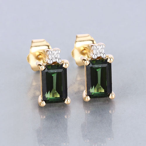 Bids.com 1.24 Carat Genuine Green Tourmaline and White Diamond 14K Yellow Gold Earrings Earrings Light Gray
