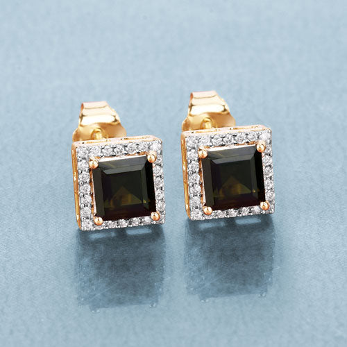 Bids.com 1.55 Carat Genuine Green Tourmaline and White Diamond 14K Yellow Gold Earrings Earrings Light Steel Blue