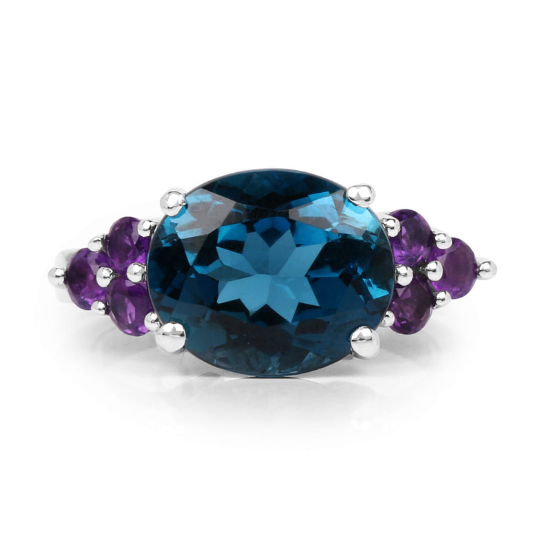 Bids.com 6.60 Carat Genuine London Blue Topaz & Amethyst .925 Sterling Silver Ring Rings White Smoke size 6.00,size 7.00,size 8.00,size 9.00