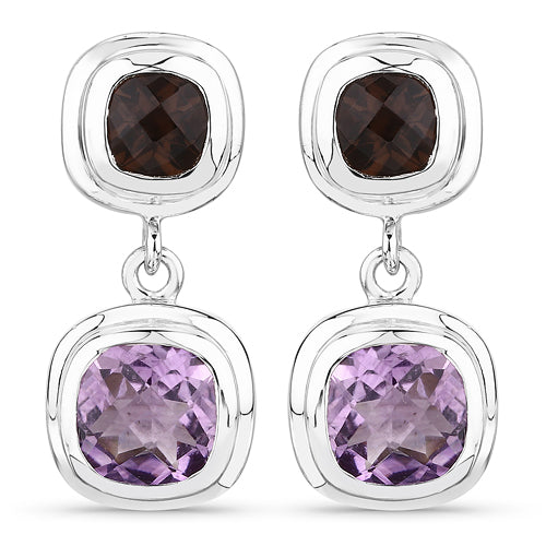 Bids.com 6.60 Carat Genuine Amethyst and Smoky Quartz .925 Sterling Silver Earrings Earrings White Smoke Default Title