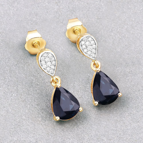 Bids.com 2.76 Carat Genuine Blue Sapphire and White Diamond 10K Yellow Gold Earrings Earrings Gray