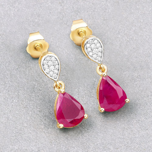 Bids.com 2.46 Carat Genuine Ruby and White Diamond 10K Yellow Gold Earrings Earrings Gray