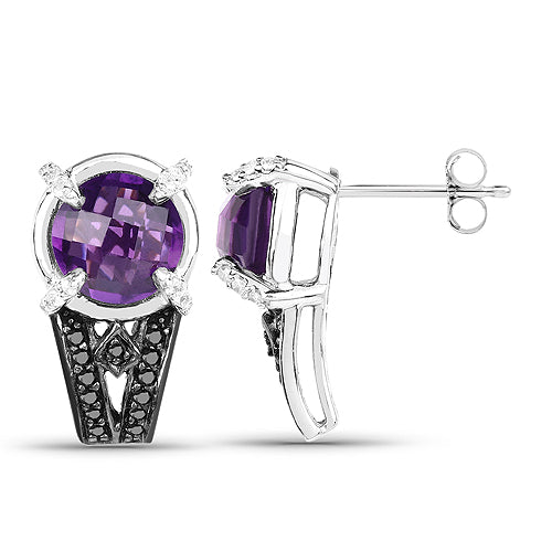 Bids.com 3.61 Carat Genuine Amethyst, Black Diamond and White Diamond .925 Sterling Silver Earrings Earrings White Smoke