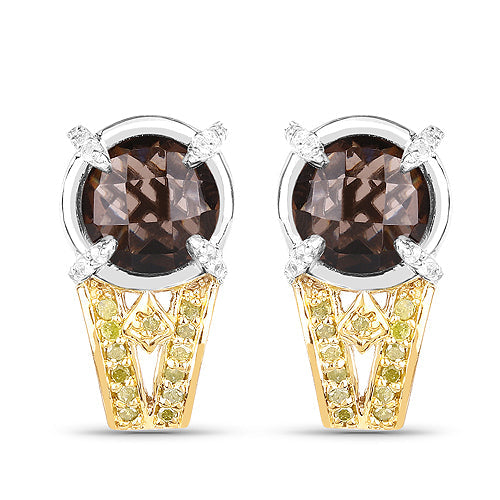 Bids.com 3.75 Carat Genuine Smoky Quartz, Yellow Diamond and White Diamond .925 Sterling Silver Earrings Earrings White Smoke Default Title