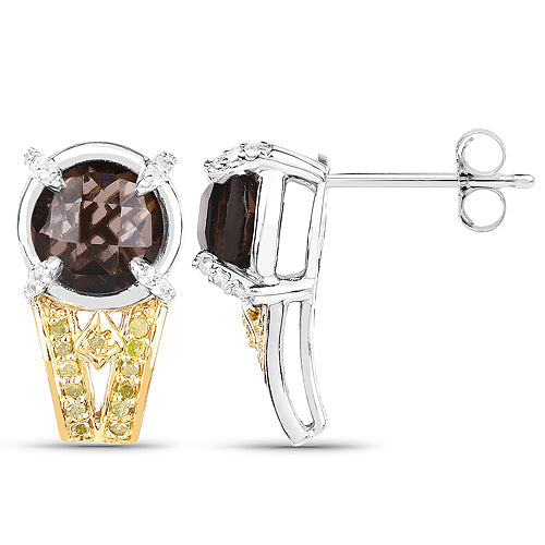 Bids.com 3.75 Carat Genuine Smoky Quartz, Yellow Diamond and White Diamond .925 Sterling Silver Earrings Earrings White Smoke