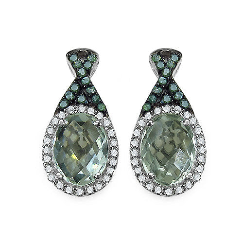 Bids.com 2.55 Carat Genuine Green Amethyst, Green Diamond & White Diamond .925 Sterling Silver Earrings Earrings White Smoke Default Title