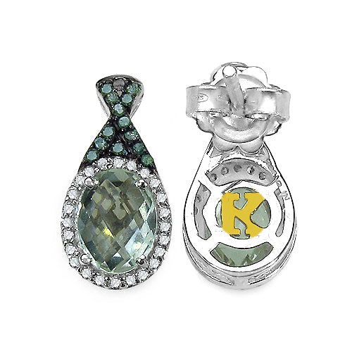 Bids.com 2.55 Carat Genuine Green Amethyst, Green Diamond & White Diamond .925 Sterling Silver Earrings Earrings White Smoke