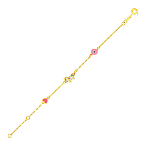 Bids.com 14k Yellow Gold 5 1/2 inch Childrens Bracelet with Enameled Heart Unicorn and Circle Bracelets White Smoke 5.5 / Yellow Gold