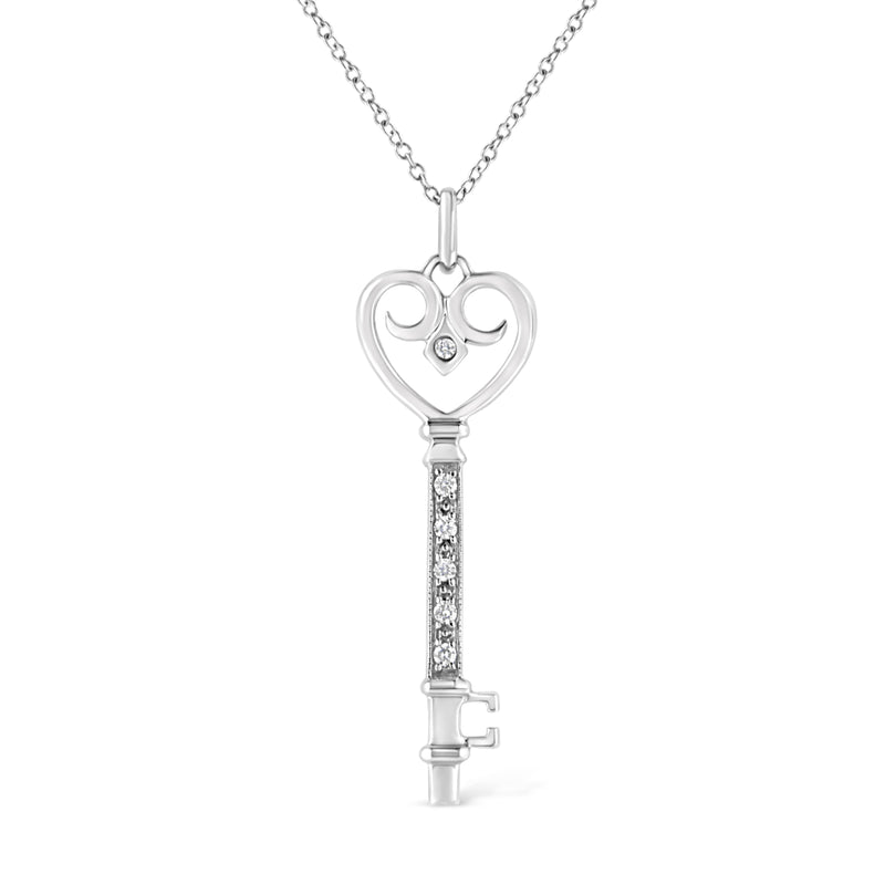 Bids.com .925 Sterling Silver Pave and Bezel-Set Diamond Accent Key 18" Heart and Lock Pendant Necklace (K-L Color, I1-I2 Clarity) Necklaces White Smoke White.Sterling Silver / 18