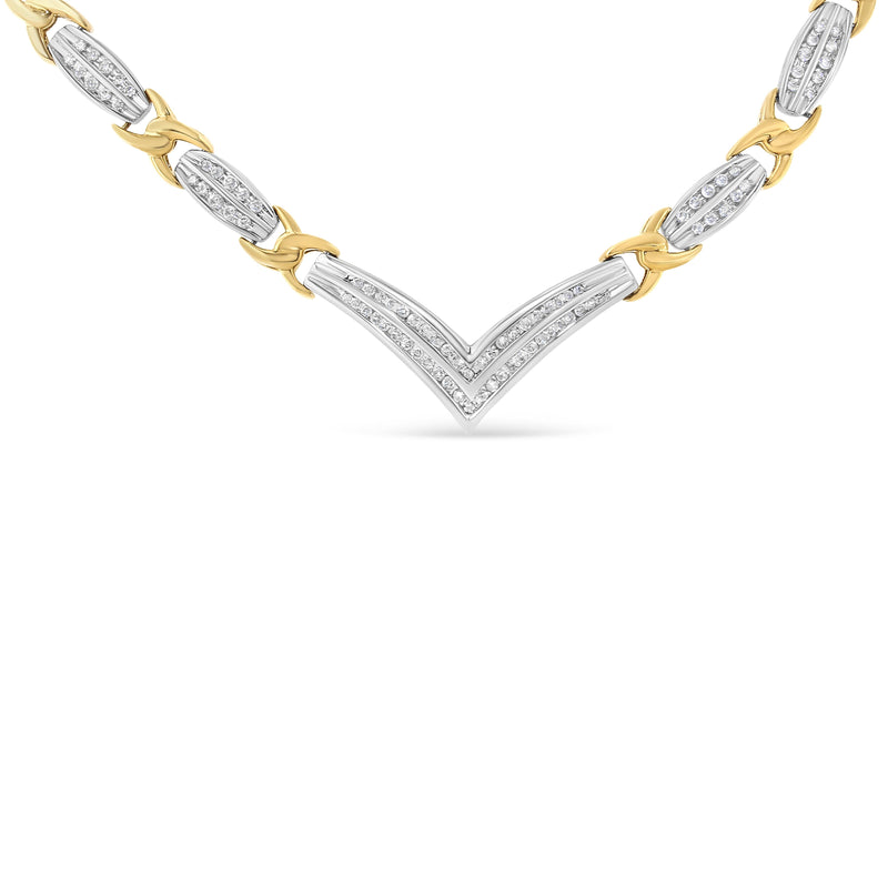 Bids.com 10K Yellow and White Gold 1.0 Cttw Round and Princess cut Diamond "V" Shape Statement Necklace (I-J Color, I1-I2 Clarity) Necklaces White Smoke YellowWhite.Gold / 18