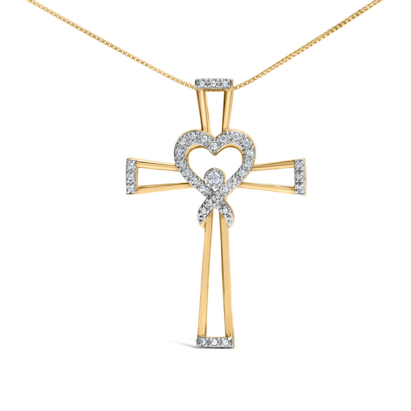 Bids.com 14K Yellow Gold Plated .925 Sterling Silver 1/6 Cttw Diamond Interlocking Heart and Ribbon Cross Pendant Necklace (H-I Color, I2-I3 Clarity) - 18" Inches Necklaces White Smoke Yellow.Sterling Silver / 18